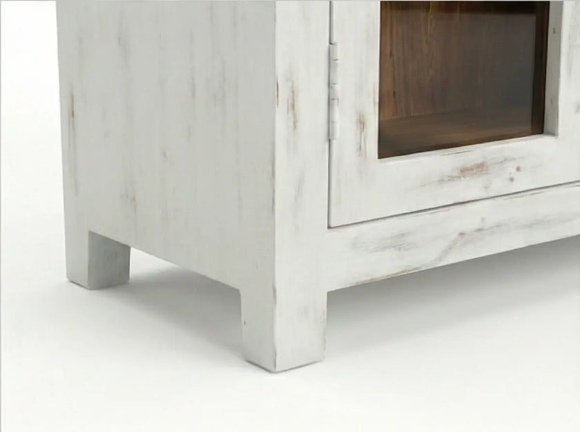 White Distressed Wooden Sideboard Cabinet with Carved Glass Doors