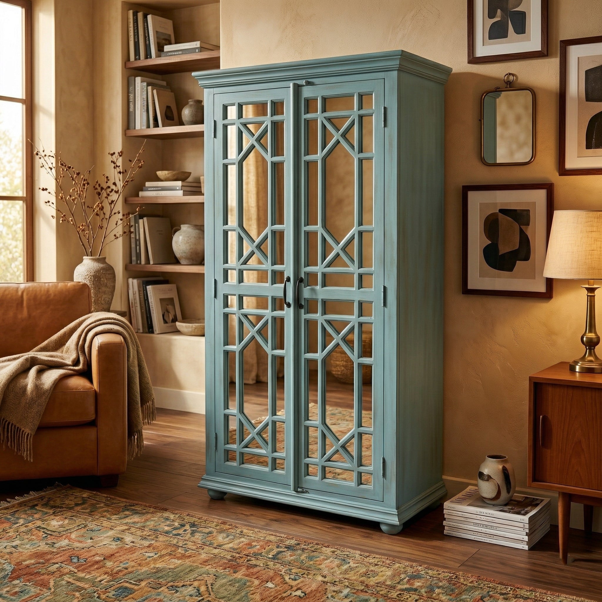 Solid Wood Display Cabinet with Glass Panel Doors Blue Finish Storage & Showcase Unit