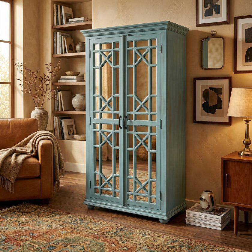 Solid Wood Display Cabinet with Glass Panel Doors Blue Finish Storage & Showcase Unit