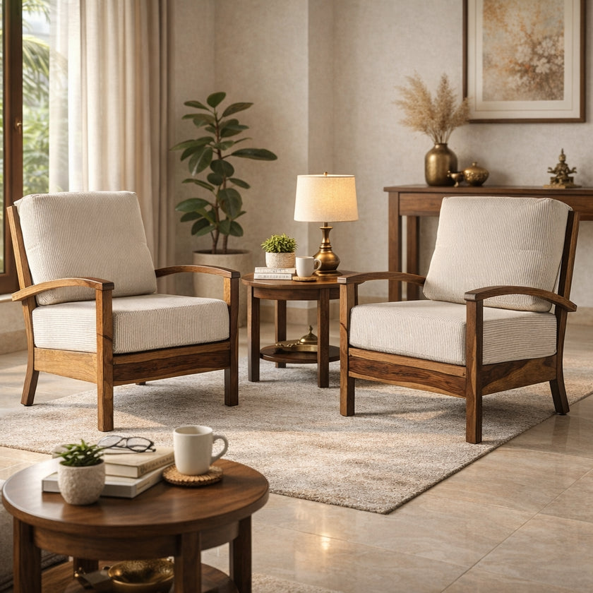 Solid Wood Lounge Armchair with Striped Upholstery