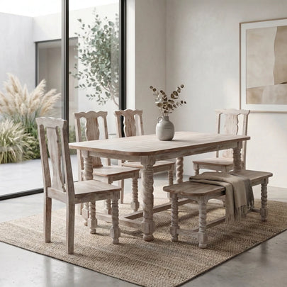 Mathilide Solid Wood Rustic Dining Set with Hand-Carved Chairs & Bench