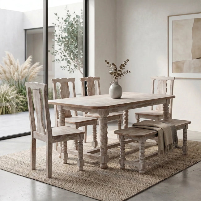 Mathilide Solid Wood Rustic Dining Set with Hand-Carved Chairs & Bench