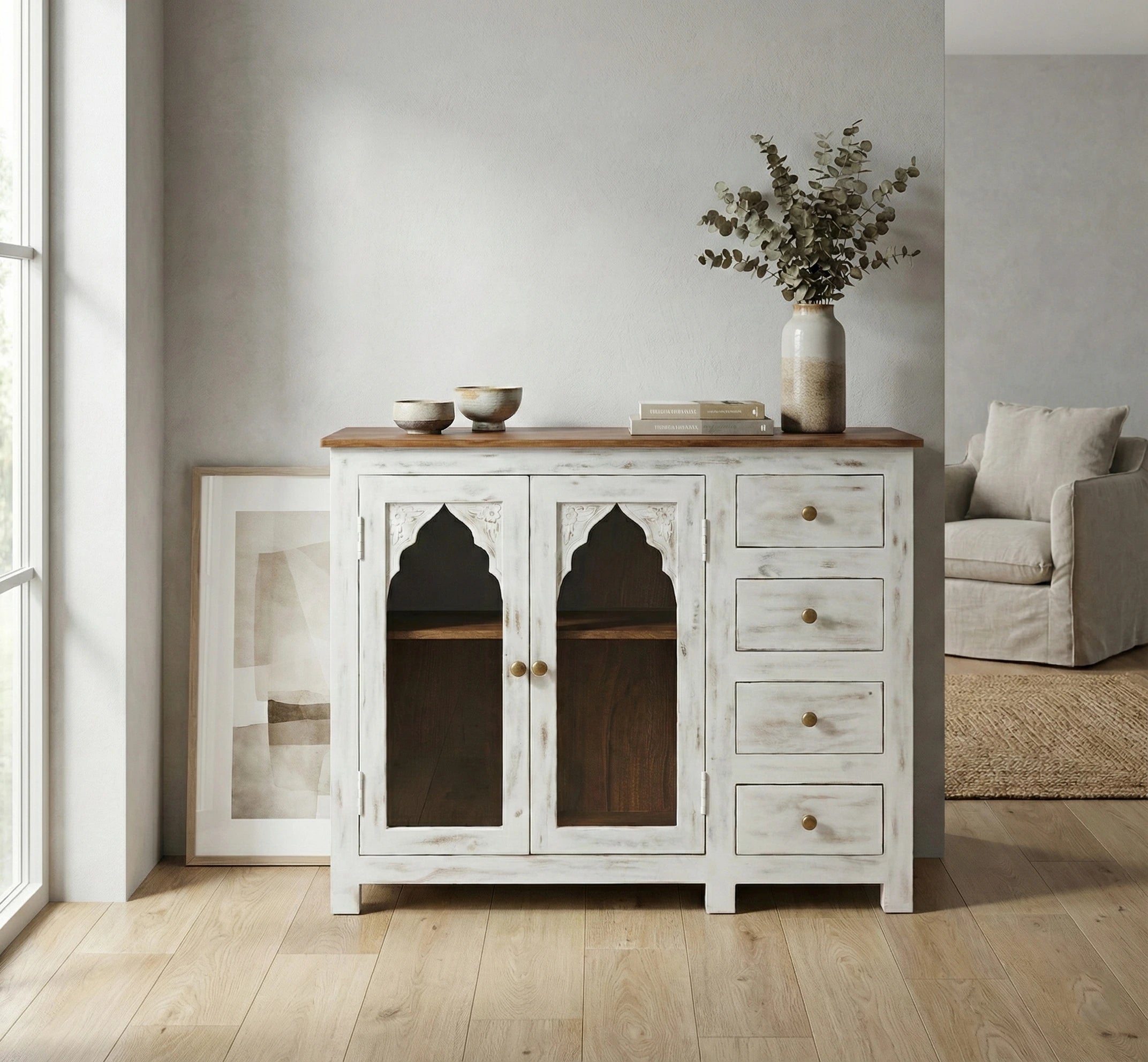 White Distressed Wooden Sideboard Cabinet with Carved Glass Doors