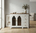 White Distressed Wooden Sideboard Cabinet with Carved Glass Doors