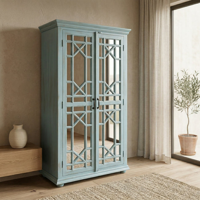 Solid Wood Display Cabinet with Glass Panel Doors Blue Finish Storage & Showcase Unit