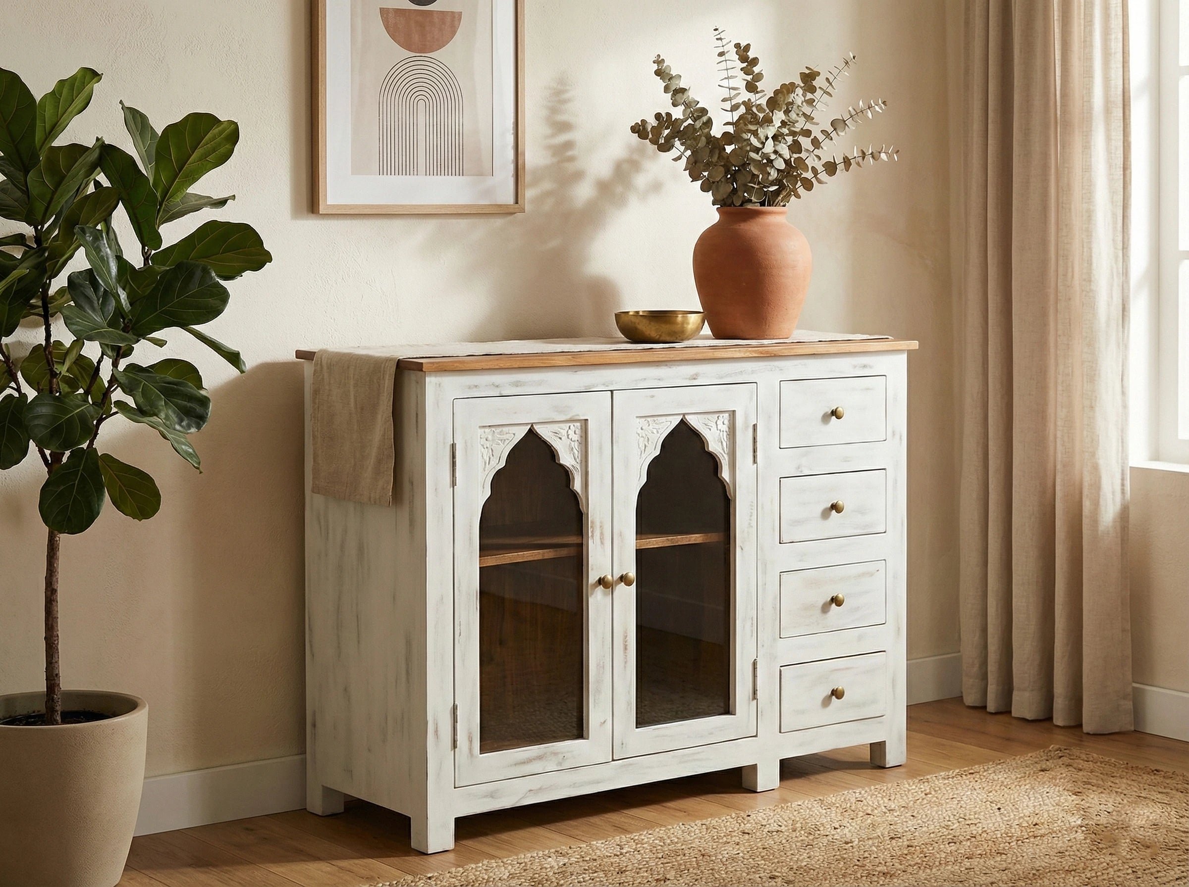 White Distressed Wooden Sideboard Cabinet with Carved Glass Doors