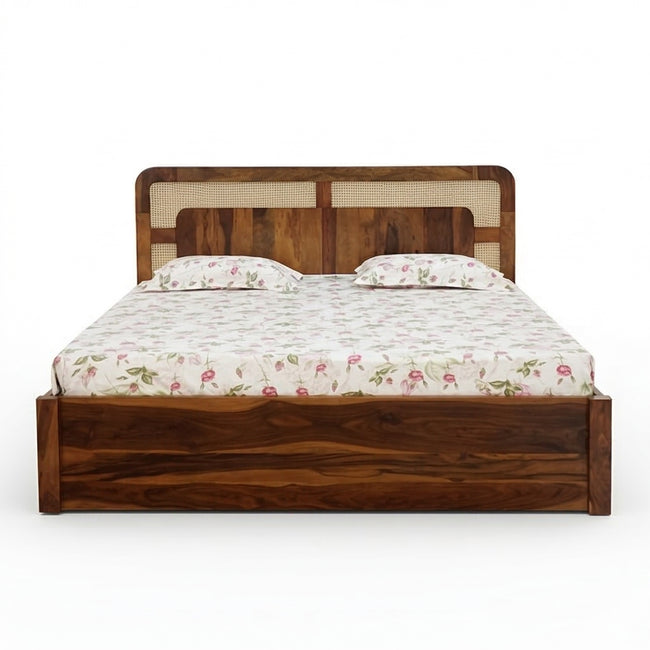 WC83 Solid Wood BoxStorage Bed with Cane Panel Headboard