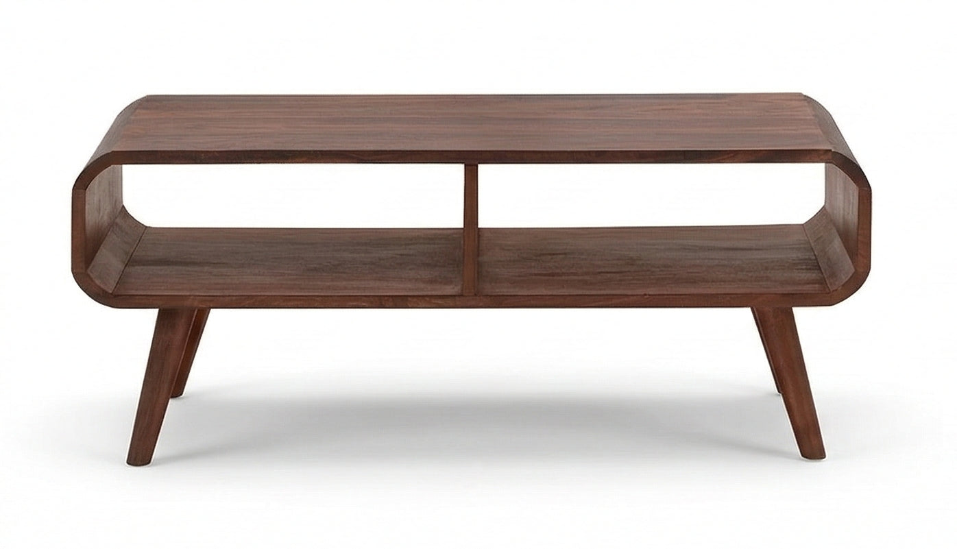Mid-Century Solid Wood Coffee Table Open Shelf Storage Center Table