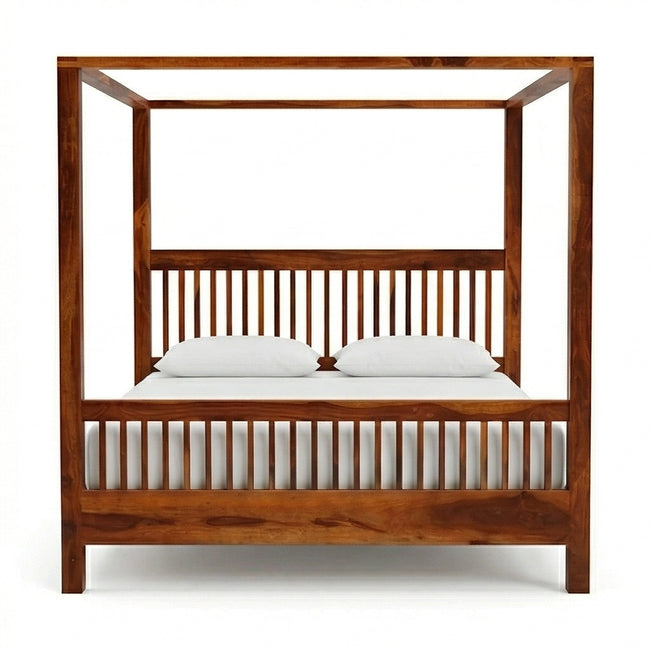 Solid Wood Canopy Platform Bed Frame with Slatted Headboard