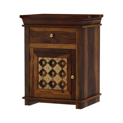 Brass Fusion Sheesham Wood Vintage Carved Bedside Table