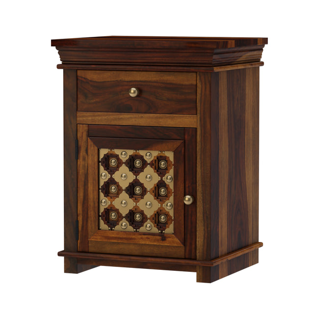Brass Fusion Sheesham Wood Vintage Carved Bedside Table