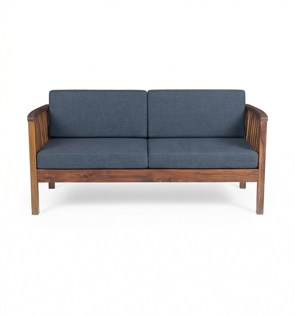 Solid Wood 2-Seater Sofa with Slatted Arms & Cushions Contemporary Wooden Sofa