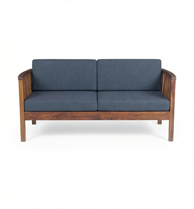 Solid Wood 2-Seater Sofa with Slatted Arms & Cushions Contemporary Wooden Sofa