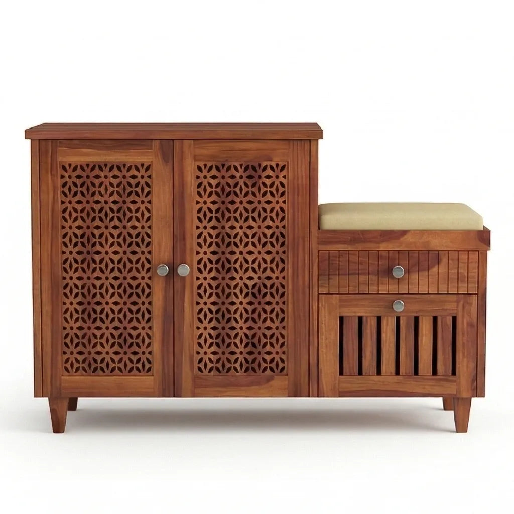 Solid Wood Shoe Rack with Carved Doors & Cushioned Bench Entryway Shoe Storage Cabinet