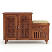 Solid Wood Shoe Rack with Carved Doors & Cushioned Bench Entryway Shoe Storage Cabinet
