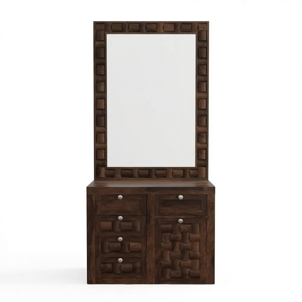 Solid Wood Dressing Table with Textured Panel Design & Storage Stool