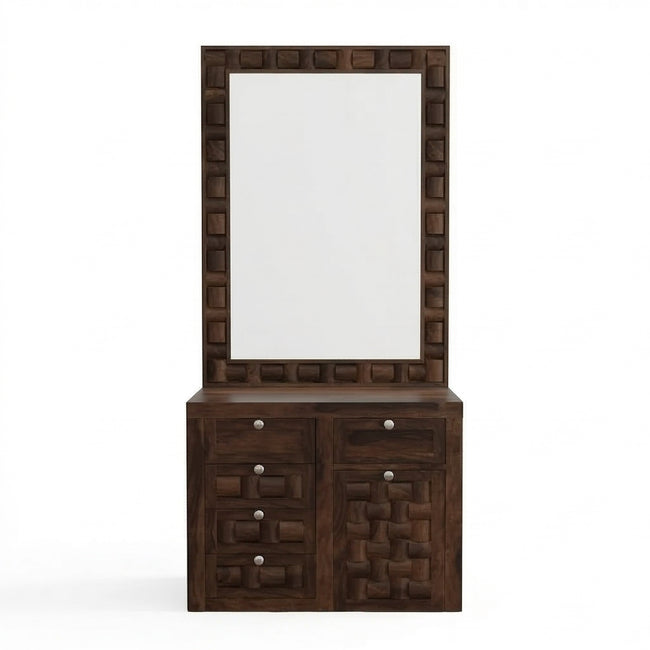 Solid Wood Dressing Table with Textured Panel Design & Storage Stool