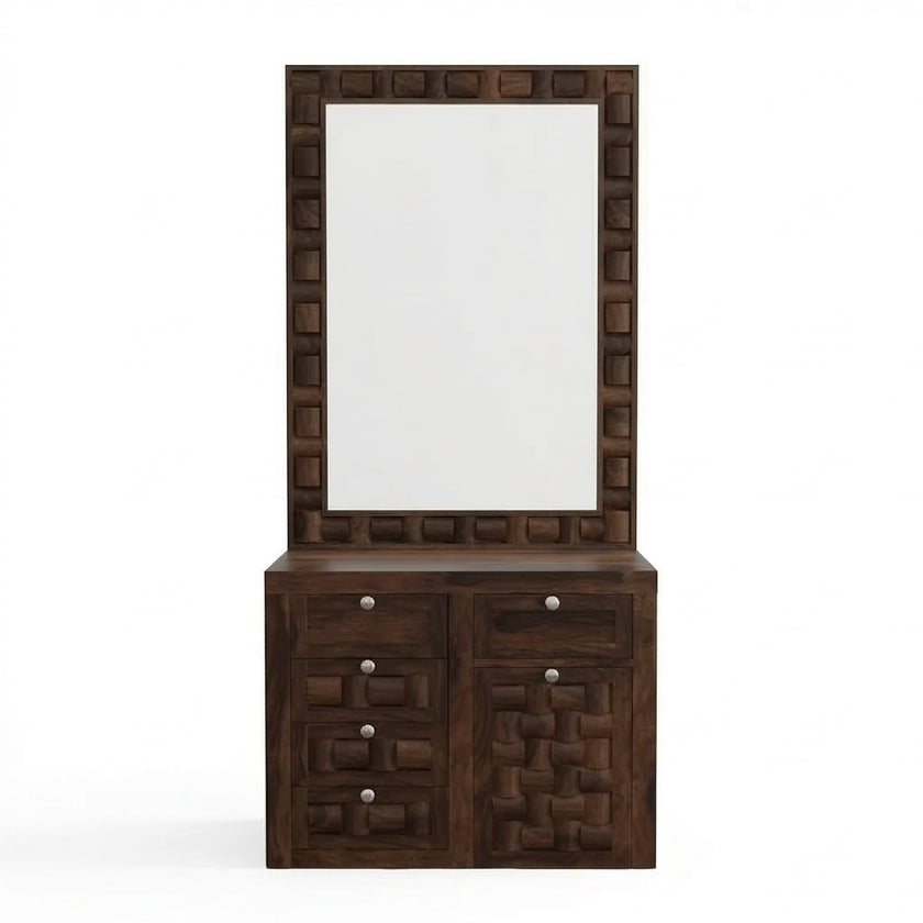 Solid Wood Dressing Table with Textured Panel Design & Storage Stool