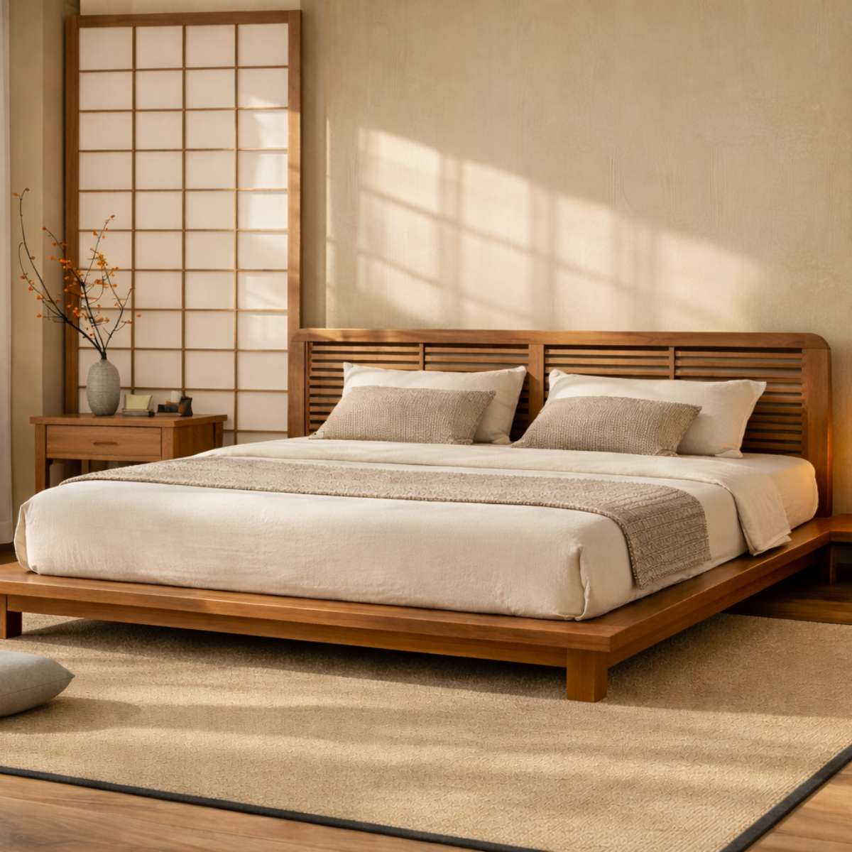 Karui Luxury Solid Oak Wood Platform Bed with Stilted Headboard
