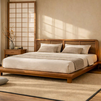 Karui Luxury Solid Oak Wood Bed with Stilted Headboard