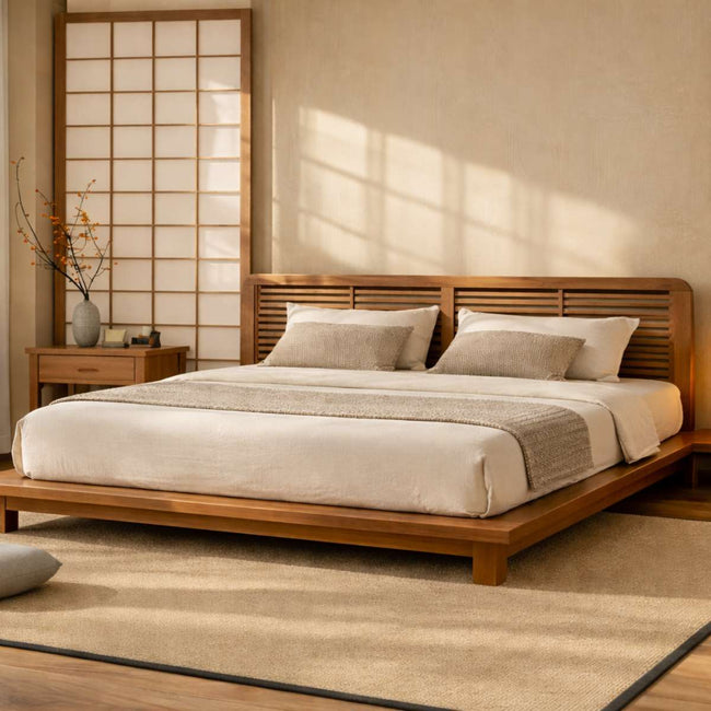 Karui Luxury Solid Oak Wood Bed with Stilted Headboard