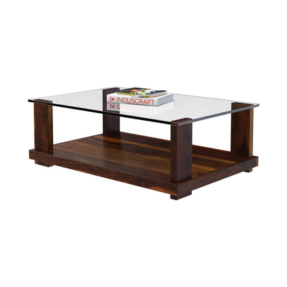 Demto Rectangular Glasstop Centre Table by Induscraft in Solid Sheesham Wood