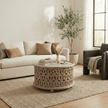Aarav Carved Round Coffee Table – White Distressed Finish