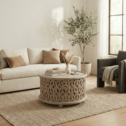 Aarav Carved Round Coffee Table – White Distressed Finish