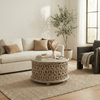 Aarav Carved Round Coffee Table – White Distressed Finish