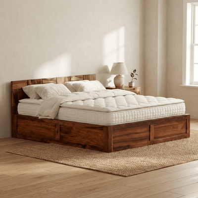 Helix Contemporary Sheesham Wood Bed with Geometric Pattern Headboard