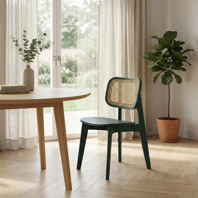 Biscuit Sheesham Wood Chair with Cane Backrest and Upholstered Fabric (Set of 2)