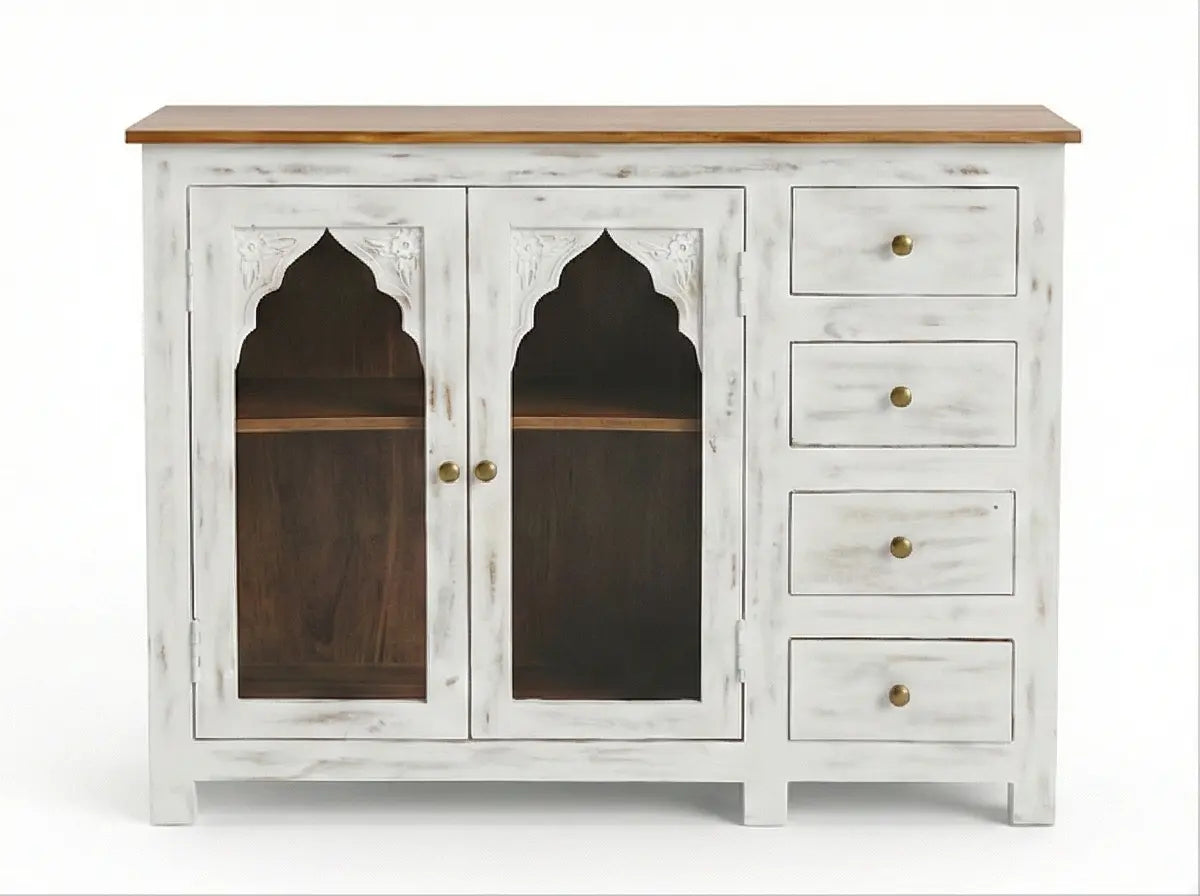 White Distressed Wooden Sideboard Cabinet with Carved Glass Doors
