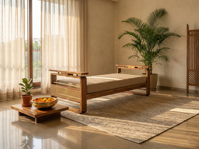 Brahmika Solid Wood Diwan with Cane Panel & Upholstered Cushion