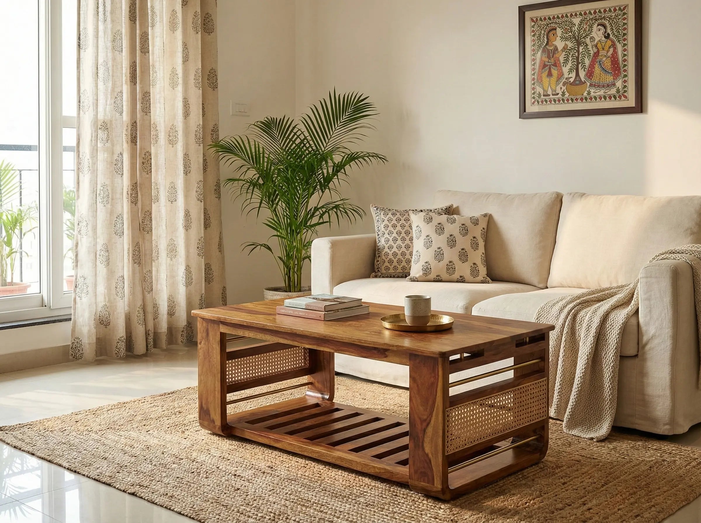 Brahmika Sheesham Rectangular Coffee Table with Rattan Cane Panels