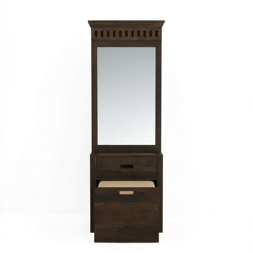 Solid Wood Dressing Table with Mirror & Pull-Out Seat Storage
