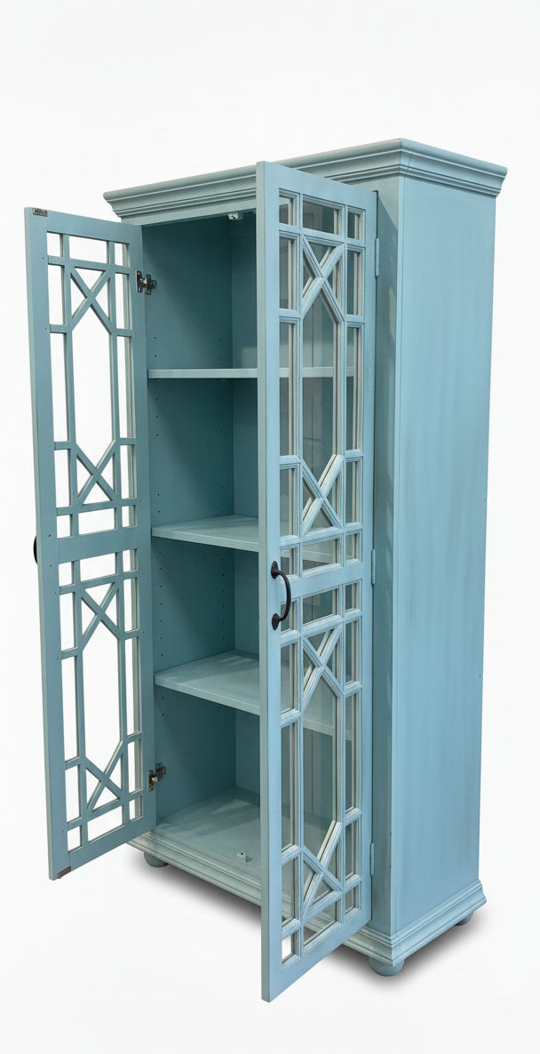 Solid Wood Display Cabinet with Glass Panel Doors Blue Finish Storage & Showcase Unit