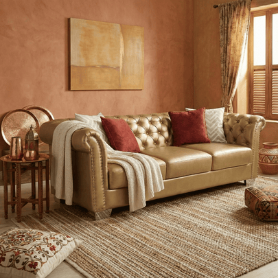 Aurumite Solid Wood Upholstered Sofa - Tufted Back Luxury with Classic Chesterfield Character by Induscraft