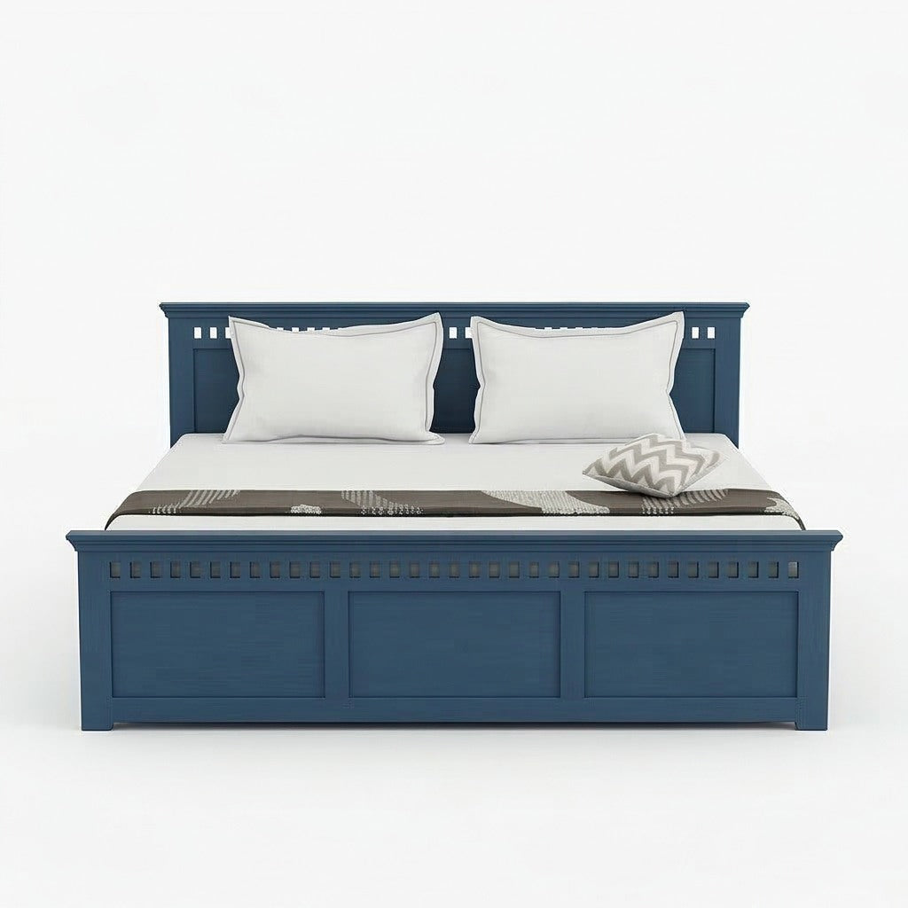 Indigo Blue Solid Wood Bed with Pull-Out Storage Drawer
