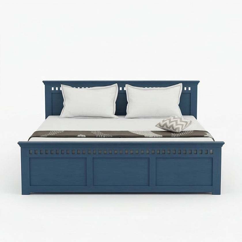 Indigo Blue Solid Wood Bed with Pull-Out Storage Drawer