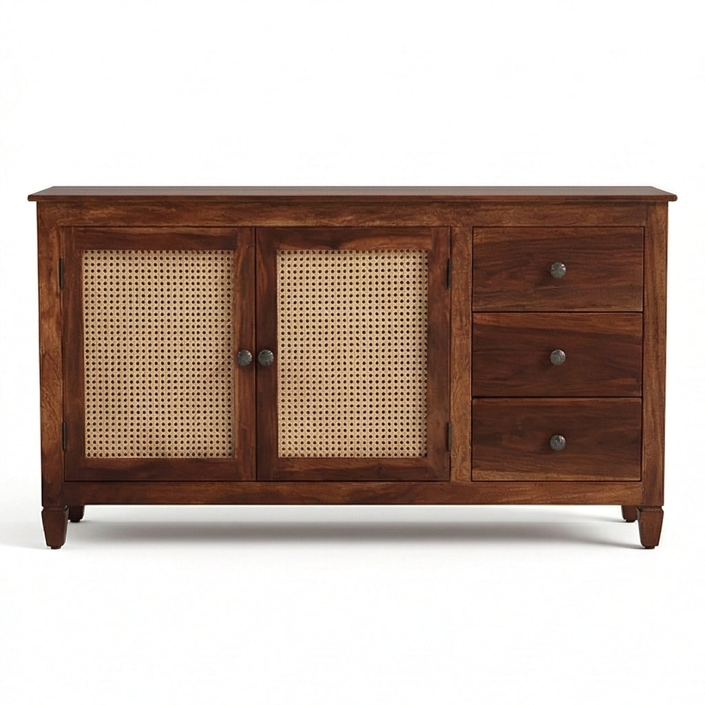 Solid Wood Cane Sideboard Cabinet Wooden Storage Console with Drawers
