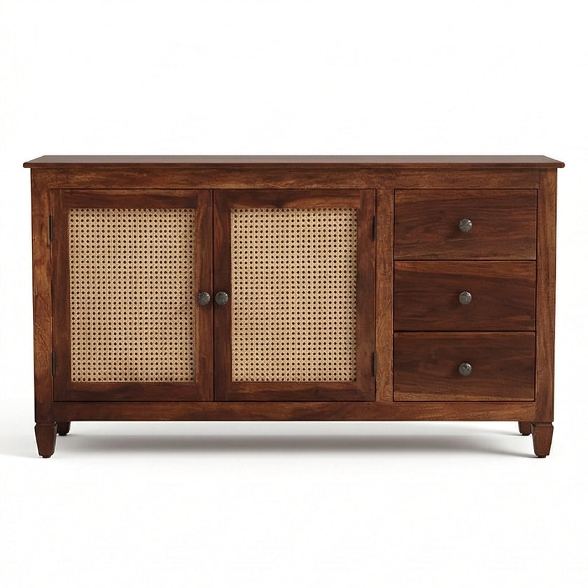 Solid Wood Cane Sideboard Cabinet Wooden Storage Console with Drawers