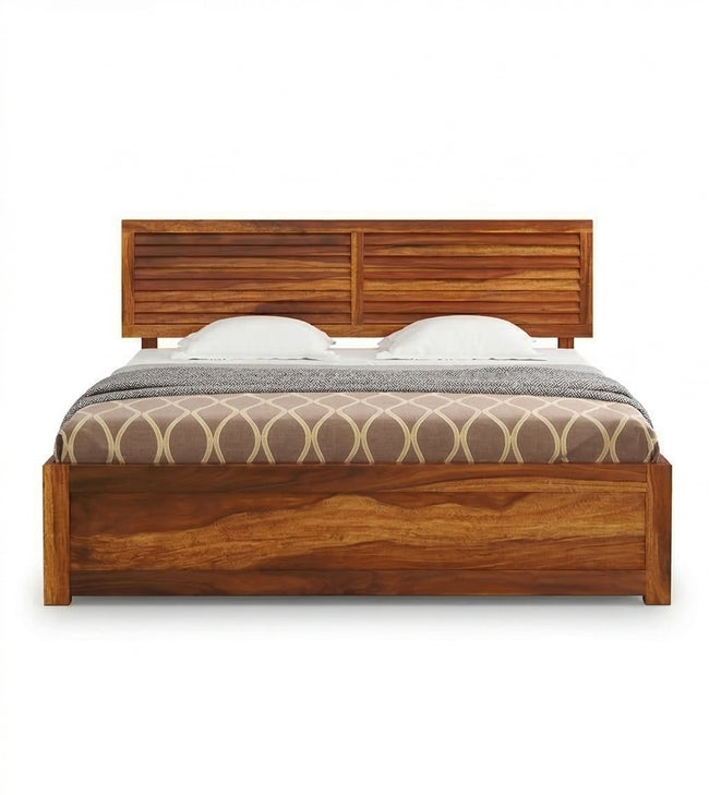 Louver Solid Wood Box Storage Bed with Horizontal Slatted Headboard