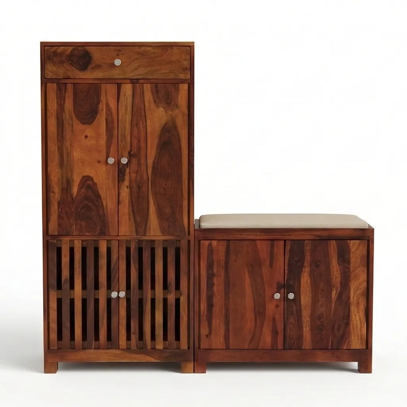 Solid Wood Shoe Rack with Storage Cabinet & Cushioned Bench