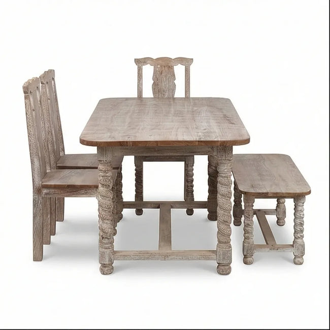 Mathilide Solid Wood Rustic Dining Set with Hand-Carved Chairs & Bench