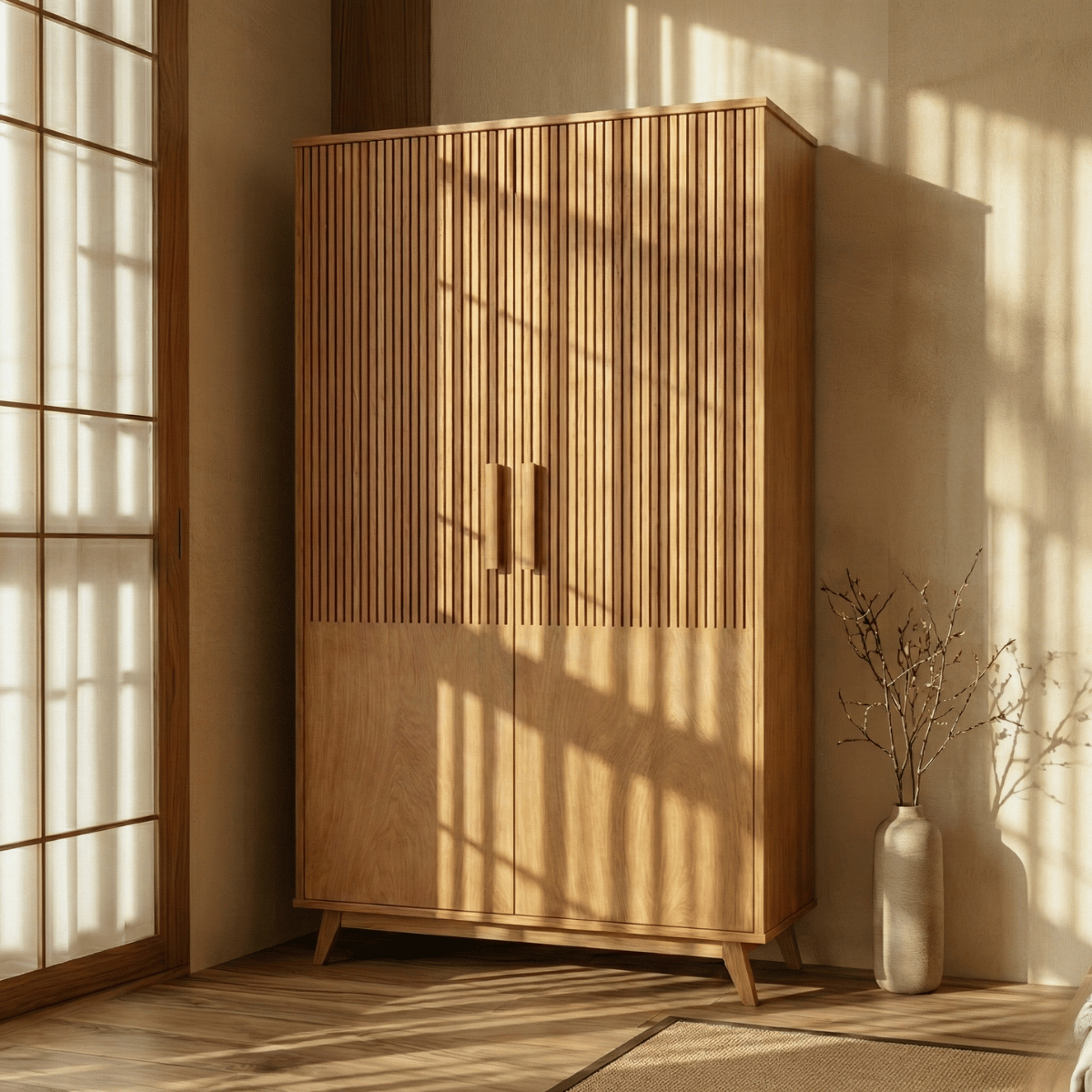 Karui Fluted Panel 2-Door Solid Oak Wood Almirah