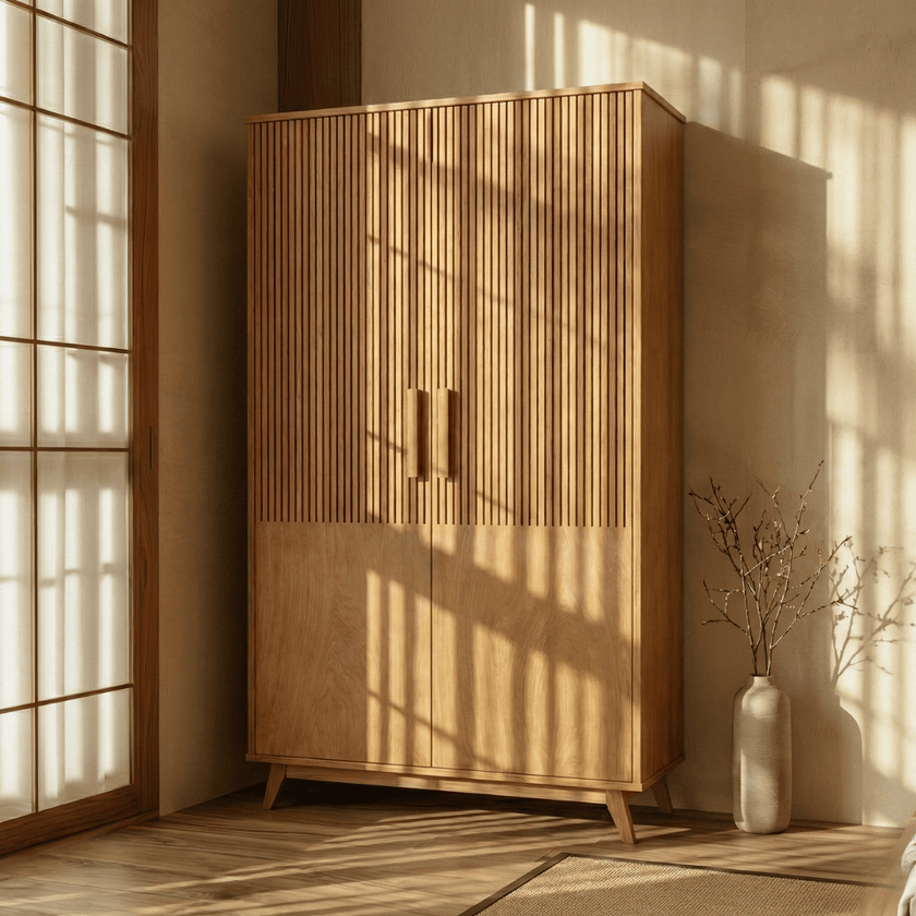 Karui Fluted Panel 2-Door Solid Oak Wood Almirah