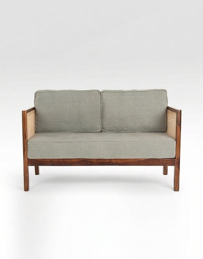 Solid Wood Cane 2-Seater Sofa with Upholstered Cushions