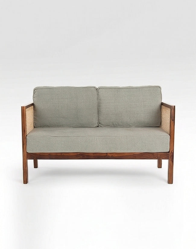 Solid Wood Cane 2-Seater Sofa with Upholstered Cushions