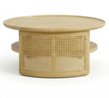 Aprd Round Solid Wood Cane Coffee Table with Storage Shelf