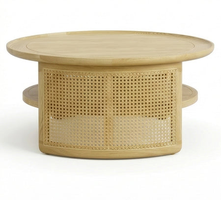 Aprd Round Solid Wood Cane Coffee Table with Storage Shelf